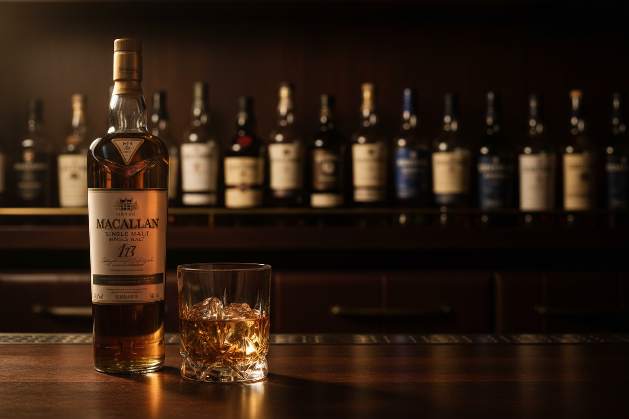 Macallan botella y vaso de hielo lado a lado